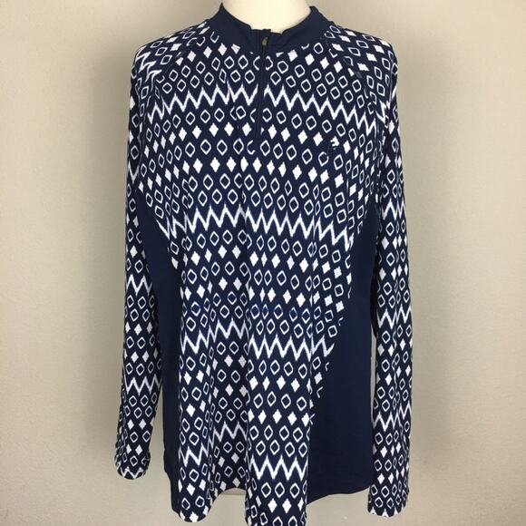 Coolibar Navy Print Sun Protection Long sleeve  Quarter Zip XXL - Picture 2 of 8